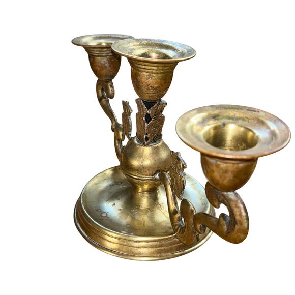 Vintage ornate Aztec brass three-arm candelabra boho Hollywood - Picture 6 of 11